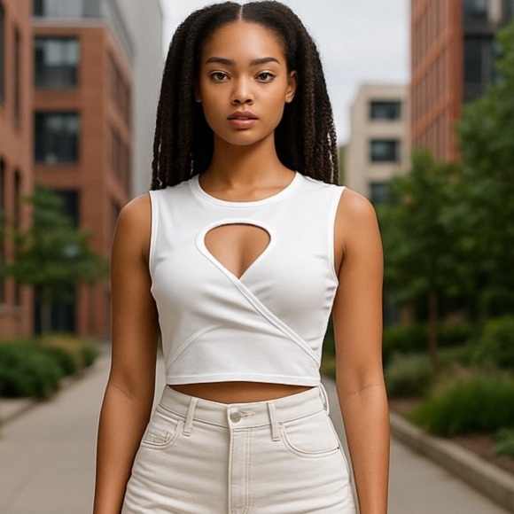 Ribbed  cropped white top with detail on top - Picture 1 of 8